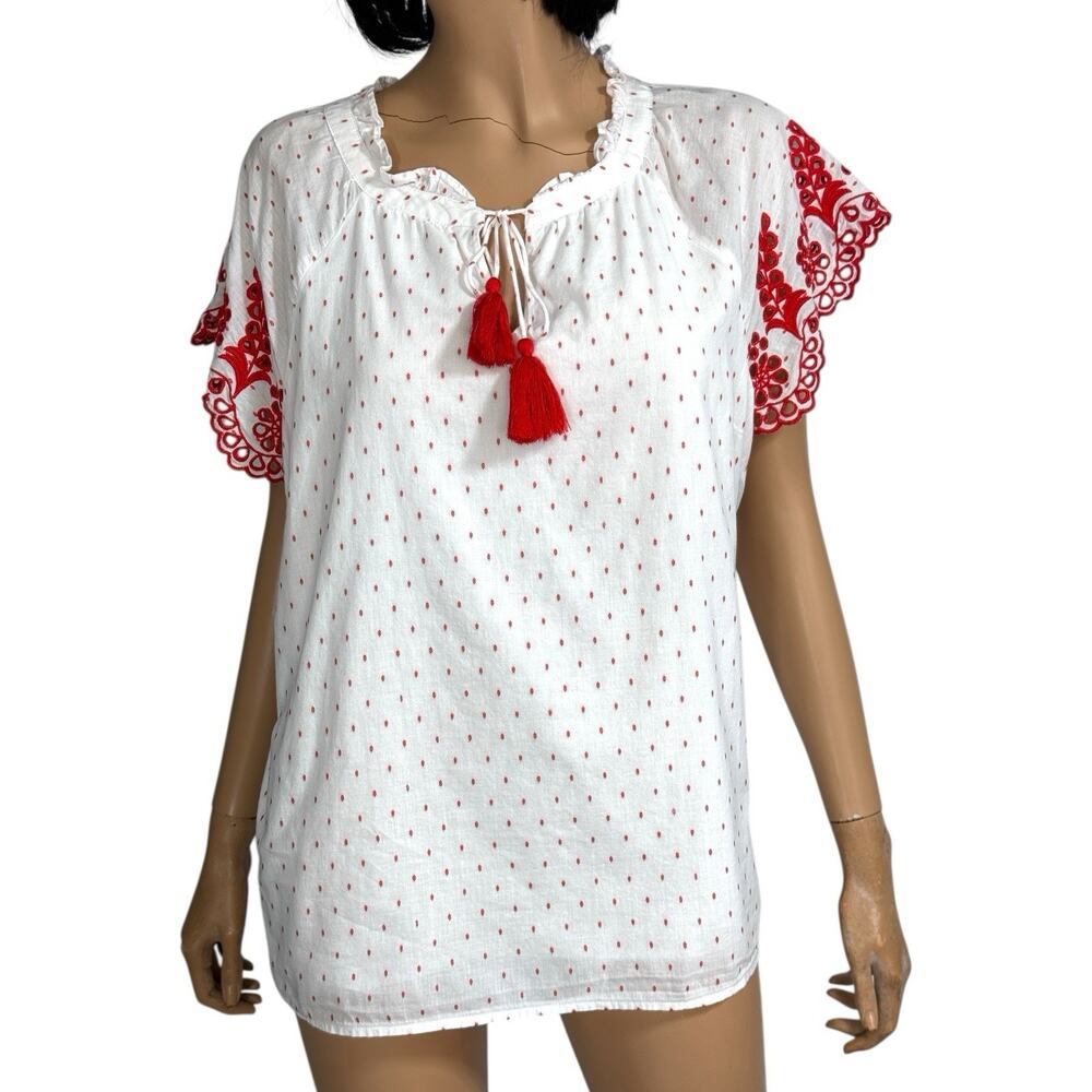 Talbots Embroidered Floral Dot Eyelet Top Tassel XLP Petite Boho Peasant Cottage
